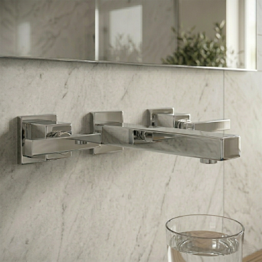 Click here to see Newport Brass 3-2031/26 Newport Brass Cube 2 Two-Handle Wall-Mount Lavatory Faucet, ADA, WaterSense, 1.2 GPM, Polished Chrome - 3-2031/26