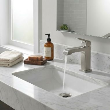 Click here to see  567LF-SSMPU Delta Ara Angular Spout Stainless Lavatory Faucet with Escutcheon and Red/Blue Indicators, Metal Pop-Up, 1.2 GPM, Single-Handle, DIAMOND Seal - 567LF-SSMPU