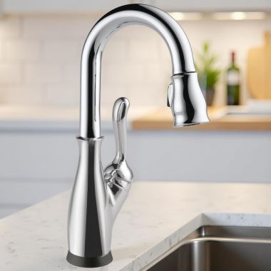Click here to see Delta 9678T-DST Delta Leland Pull-Down Bar/Prep Faucet, Single Handle, Touch2O, TouchClean, DIAMOND Seal, 1.8 GPM, Chrome - 9678T-DST