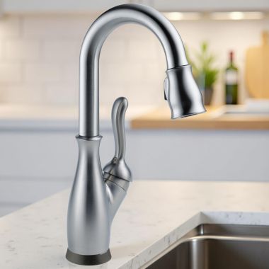 Click here to see Delta 9678T-AR-DST Delta Leland Pull-Down Bar/Prep Faucet, Single Handle, Touch2O, TouchClean, DIAMOND Seal, 1.8 GPM, Arctic Stainless - 9678T-AR-DST