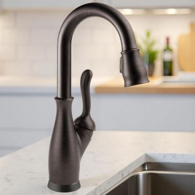 Click here to see Delta 9678T-RB-DST Delta Leland Pull-Down Bar/Prep Faucet, Single Handle, Touch2O, TouchClean, DIAMOND Seal, 1.8 GPM, Venetian Bronze - 9678T-RB-DST
