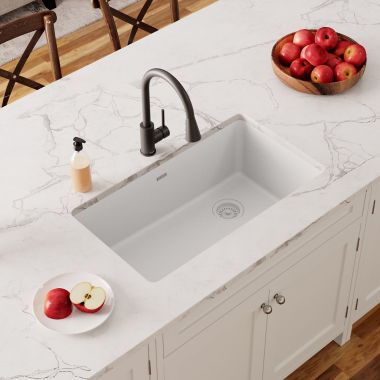 Click here to see Elkay ELGU13322WH0 Elkay Quartz Classic White 33in x 19in Single Bowl Undermount Kitchen Sink with Rear Right Drain - ELGU13322WH0