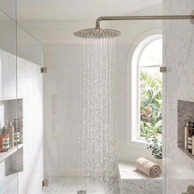 Click here to see Mountain Plumbing Products MT10-8/BRN Mountain Plumbing Mountain Re-Vive 8in Round Shower Head, Ultra Slim, Clog-Free Nozzles, 1.6 GPM, Brushed Nickel - MT10-8/BRN