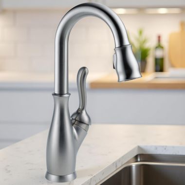Click here to see Delta 9678-AR-DST Delta Leland Pull-Down Bar/Prep Faucet, Single Handle, Diamond Seal, MagnaTite, ADA, 1.8 GPM, Arctic Stainless - 9678-AR-DST