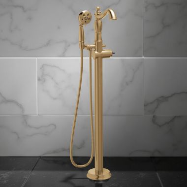 Click here to see Delta T4797-CZFL-LHP Delta Cassidy Single-Handle Freestanding Tub Filler Trim with 1.75 GPM Three-Setting Hand Shower, H2Okinetic, Hook Spout, Less Handle, ADA, Champagne Bronze - T4797-CZFL-LHP