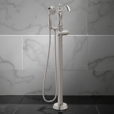 Click here to see Delta T4797-SSFL-LHP Delta Cassidy Single-Handle Freestanding Tub Filler Trim with 1.75 GPM Three-Setting Hand Shower, H2Okinetic, Hook Spout, Less Handle, ADA, Stainless Steel - T4797-SSFL-LHP