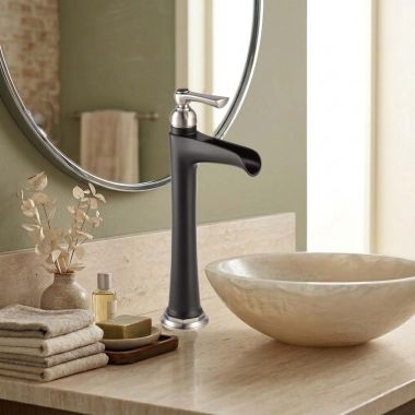 Click here to see Brizo 65461LF-NKBL Brizo Rook Single-Handle Vessel Lavatory Faucet With Channel Spout, Less Drain, 1.5 GPM, Luxe Nickel/Matte Black - 65461LF-NKBL