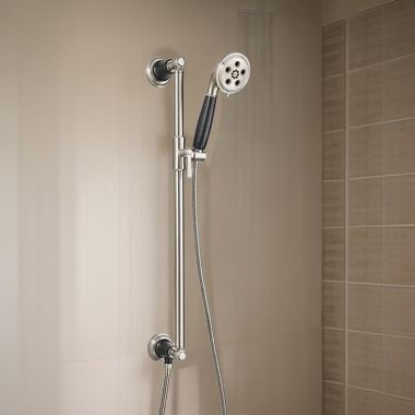 Click here to see Brizo 88761-NKBL Brizo Rook Three-Function Hand Shower with Slide Bar, H2Okinetic, WaterSense, 1.75 GPM, Brilliance Luxe Nickel/Matte Black - 88761-NKBL