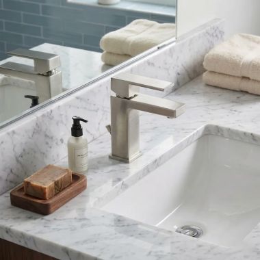 Click here to see  567LF-SSPP Delta Modern Square Single-Handle Lavatory Faucet, Project Pack, 1.2 GPM, Stainless - 567LF-SSPP