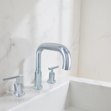 Click here to see Kohler T14428-4-CP Kohler Purist Roman Tub Faucet Trim with Lever Handles, 7-1/2-Inch Spout Reach, Polished Chrome Finish, Deck-Mount, Three-Hole Installation - K-T14428-4-CP