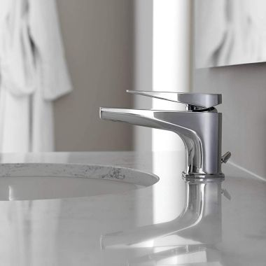 Click here to see Moen S8001 Moen Via Single-Handle Low Arc Low Profile Chrome Bathroom Faucet with Metal Pop-Up and Red/Blue Indicators, 1.2 GPM, Lever Handle, Single-Hole - S8001