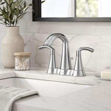 Click here to see  6172 Moen Glyde Two-Handle Centerset Bathroom Faucet with Pop-Up Drain, Lever Handle, 1.2 GPM, Chrome - 6172