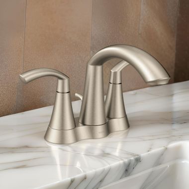 Click here to see Moen 6172BN Moen Glyde Two-Handle High-Arc Centerset Brushed Nickel Bathroom Faucet with 50/50 Pop-Up Drain, 1.2 GPM, Lever Handles, WaterSense, ADA - 6172BN