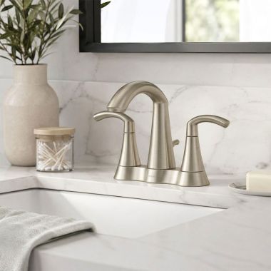 Click here to see  6172BN Moen Glyde Two-Handle Centerset Bathroom Faucet with Pop-Up Drain, Lever Handle, 1.2 GPM, Brushed Nickel - 6172BN