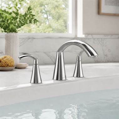 Click here to see  T373 Moen Glyde Two-Handle Roman Tub Faucet Trim, High Arc Spout, Lever Handles, M-PACT, Chrome - T373