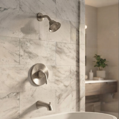 Click here to see  T2743EPBN Moen Glyde Posi-Temp Single-Handle Tub and Shower Trim, Lever Handle, 1.75 GPM, Brushed Nickel - T2743EPBN