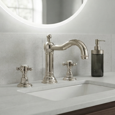 Click here to see  A1409XMPN-2 Rohl Acqui Two-Handle Widespread Lavatory Faucet with Lift Rod Drain, 1.2 GPM, Cross Handle, Polished Nickel - A1409XMPN-2