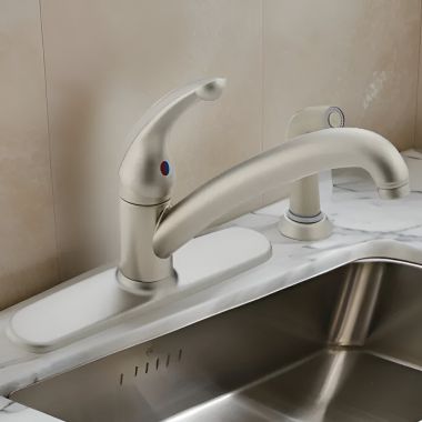 Click here to see Delta 480-NNWF Delta Innovations Single Handle Kitchen Faucet w/ Side Spray, Brilliant Pearl Nickel - 480-NNWF
