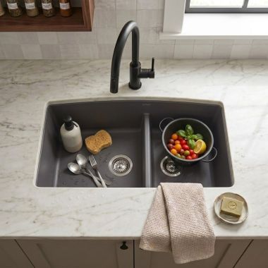 Click here to see BLANCO 441474 Blanco Performa SILGRANIT 60/40 Double Bowl Undermount Kitchen Sink with Low Divide, Cinder - 441474