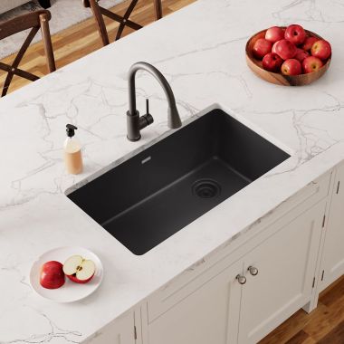 Click here to see Elkay ELGU13322BK0 Elkay Quartz Classic Black 33in x 19in Single Bowl Undermount Kitchen Sink with Rear Right Drain - ELGU13322BK0