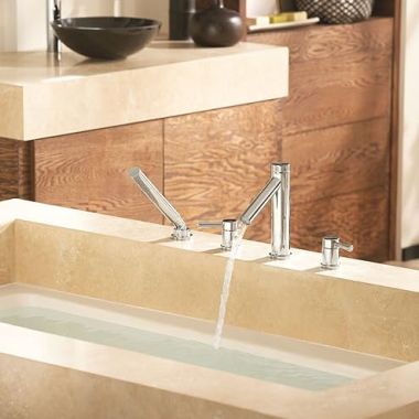 Click here to see Moen T914BN Moen Level Two-Handle Roman Tub Faucet Trim with 2.0 GPM One-Function Hand Shower, Lever Handles, M-PACT, Brushed Nickel - T914BN 