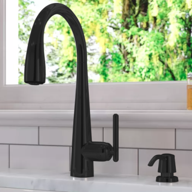 Click here to see Pfister GT529-SMB Pfister Lita Single Handle Pull-Down Kitchen Faucet w/ Soap Dispenser, Matte Black - GT529-SMB