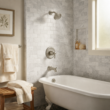Click here to see  T2183BN Moen Dartmoor Posi-Temp Tub/Shower Faucet, 2.5 GPM, 1-Function, Single Lever Handle, M-PACT, Brushed Nickel - T2183BN