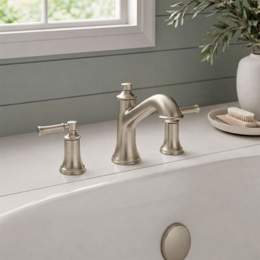 Click here to see  T683BN Moen Dartmoor Two-Handle Roman Tub Faucet Trim, High Arc Spout, Lever Handles, ADA-Compliant, M-PACT, Brushed Nickel - T683BN