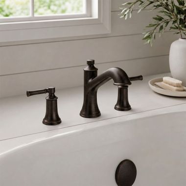 Click here to see  T683ORB Moen Dartmoor Two-Handle Roman Tub Faucet Trim, High Arc Spout, Lever Handles, ADA-Compliant, M-PACT, Oil Rubbed Bronze - T683ORB