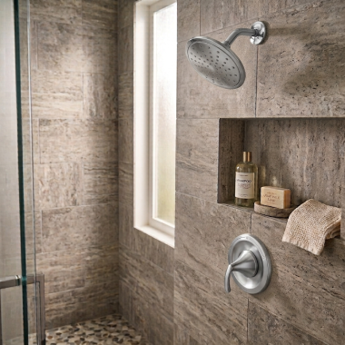 Click here to see  T2842EP Moen Glyde Posi-Temp Single-Handle Shower Trim Kit with Rainshower, 1.75 GPM, Chrome - T2842EP