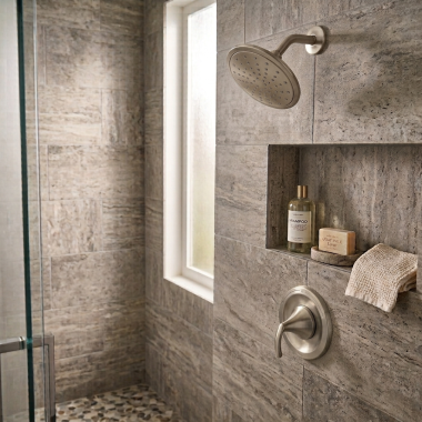 Click here to see  T2842EPBN Moen Glyde Posi-Temp Single-Handle Shower Trim Kit with Rainshower, 1.75 GPM, Brushed Nickel - T2842EPBN