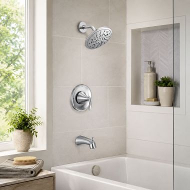 Click here to see  T2843EP Moen Glyde Posi-Temp Single-Handle Tub/Shower Trim Kit with Rainshower, 1.75 GPM, Chrome - T2843EP