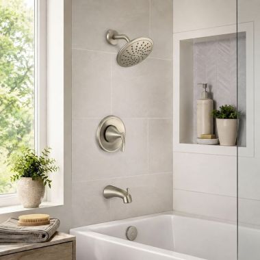 Click here to see  T2843EPBN Moen Glyde Posi-Temp Single-Handle Tub/Shower Trim Kit with Rainshower, 1.75 GPM, Brushed Nickel - T2843EPBN