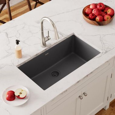 Click here to see Elkay ELGRU13322GY0 Elkay Quartz Classic Dusk Gray 33in x 19in Single Bowl Undermount Kitchen Sink with Rear Center Drain - ELGRU13322GY0  