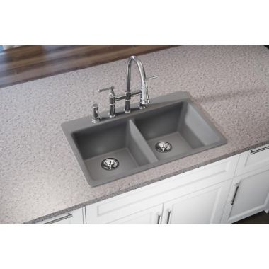 Click here to see Elkay ELG3322GS0 Elkay Quartz Classic Greystone 33in x 22in Equal Double Bowl Drop-In Sink with Rear Center Drain - ELG3322GS0