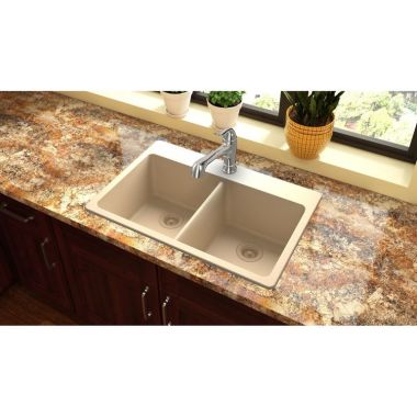 Click here to see Elkay ELG3322SD0 Elkay Quartz Classic Sand 33in x 22in Equal Double Bowl Drop-In Sink with Rear Center Drain - ELG3322SD0 