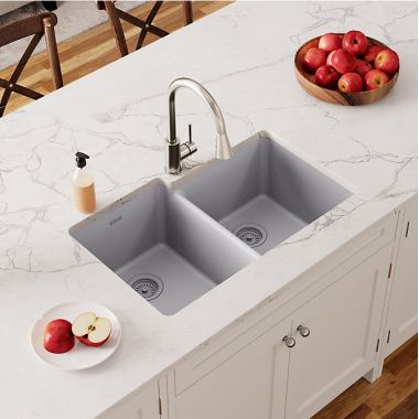 Click here to see Elkay ELGU250RGS0 Elkay Quartz Classic Greystone 33in x 21in Undermount Double Bowl Kitchen Sink with Rear Center Drain - ELGU250RGS0