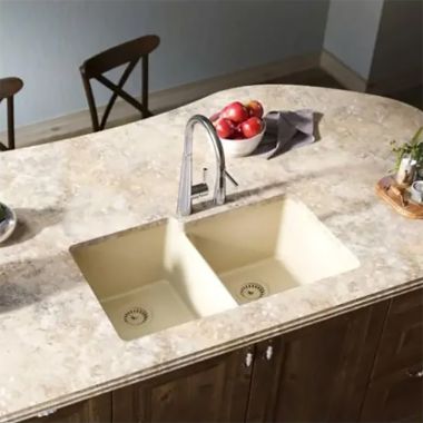 Click here to see Elkay ELGU250RSD0 Elkay Quartz Classic Sand 33in x 21in Undermount Double Bowl Kitchen Sink with Rear Center Drain - ELGU250RSD0