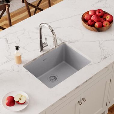 Click here to see Elkay ELGU2522GS0 Elkay Quartz Classic Greystone 25in x 18in Undermount Single Bowl Kitchen Sink with Rear Center Drain - ELGU2522GS0