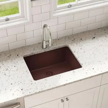 Click here to see Elkay ELGU2522PC0 Elkay Quartz Classic Pecan 25in x 18in Undermount Single Bowl Kitchen Sink  with Rear Center Drain - ELGU2522PC0