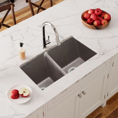 Click here to see Elkay ELGU3322GR0 Elkay Quartz Classic Greige 33in Length x 18-1/2in Width Equal Double Bowl Undermount Sink - ELGU3322GR0