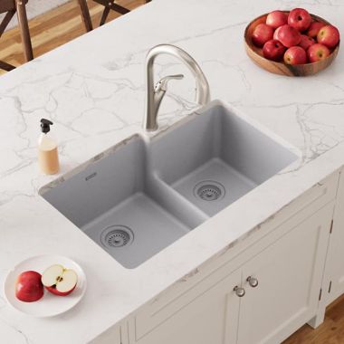 Click here to see Elkay ELGULBO3322GS0 Elkay Quartz Classic Greystone 60/40 Double Bowl Sink, 33in x 22in Undermount Kitchen Sink with Aqua Divide and Rear Center Drain - ELGULBO3322GS0