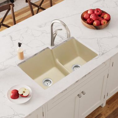 Click here to see Elkay ELGULBO3322SD0 Elkay Quartz Classic Sand 60/40 Double Bowl Sink, 33in x 22in Undermount Kitchen Sink with Aqua Divide and Rear Center Drain - ELGULBO3322SD0