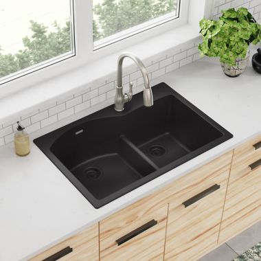 Click here to see Elkay ELGH3322RBK0 Elkay Quartz Classic Black 33in x 22in x 10in Drop-In with Rear Center Drain 60/40 Double Bowl Sink with Aqua Divide - ELGH3322RBK0