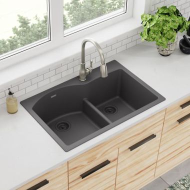 Click here to see Elkay ELGH3322RGY0 Elkay Quartz Classic Dusk Gray 3in x 22in x 10in Drop-In with Rear Center Drain 60/40 Double Bowl Sink with Aqua Divide - ELGH3322RGY0