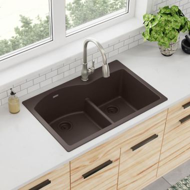 Click here to see Elkay ELGH3322RMC0 Elkay Quartz Classic Mocha 3in x 22in x 10in Drop-In with Rear Center Drain 60/40 Double Bowl Sink with Aqua Divide - ELGH3322RMC0