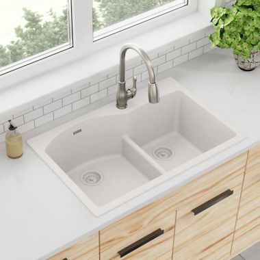 Click here to see Elkay ELGH3322RWH0 Elkay Quartz Classic White 3in x 22in x 10in Drop-In with Rear Center Drain 60/40 Double Bowl Sink with Aqua Divide - ELGH3322RWH0