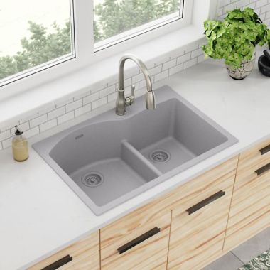 Click here to see Elkay ELGH3322RGS0 Elkay Quartz Classic Greystone 3in x 22in x 10in Drop-In with Rear Center Drain 60/40 Double Bowl Sink with Aqua Divide - ELGH3322RGS0