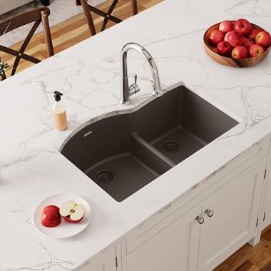 Click here to see Elkay ELGHU3322RMC0 Elkay Quartz Classic Mocha 33in x 22in x10in Undermount with Rear Center Drain, Double Bowl Sink with Aqua Divide - ELGHU3322RMC0