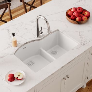 Click here to see Elkay ELGHU3322RWH0 Elkay Quartz Classic White 33in x 22in x10in Undermount with Rear Center Drain, Double Bowl Sink with Aqua Divide - ELGHU3322RWH0